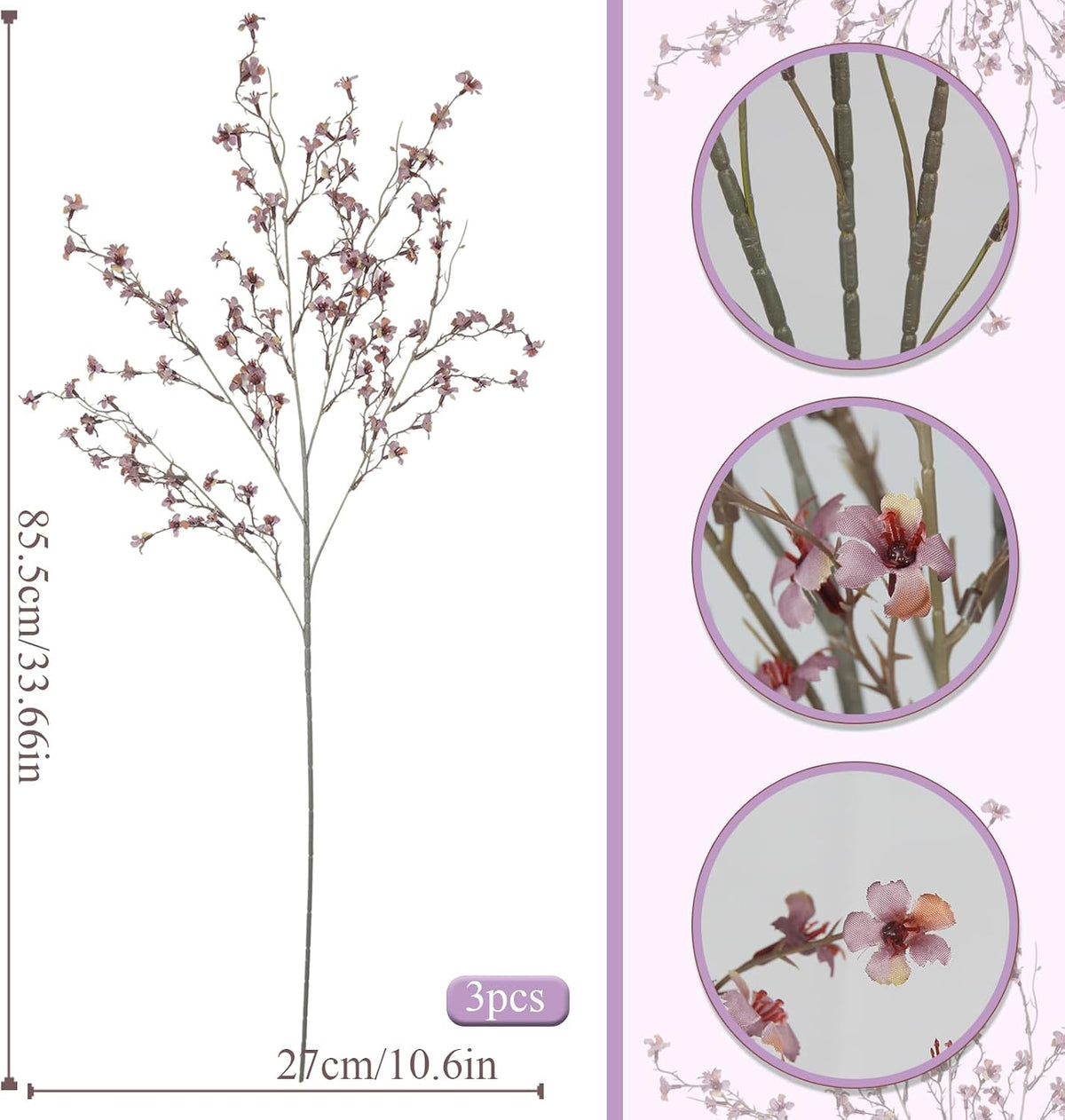 3 Pcs Cherry Blossom Branches Artificial Flowers for Spring Summer Indoor Decoration Faux Cherry Blossom Long Stems Creamy White Silk Fake Flowers for Tall Vase Arrangements Home Wedding Table