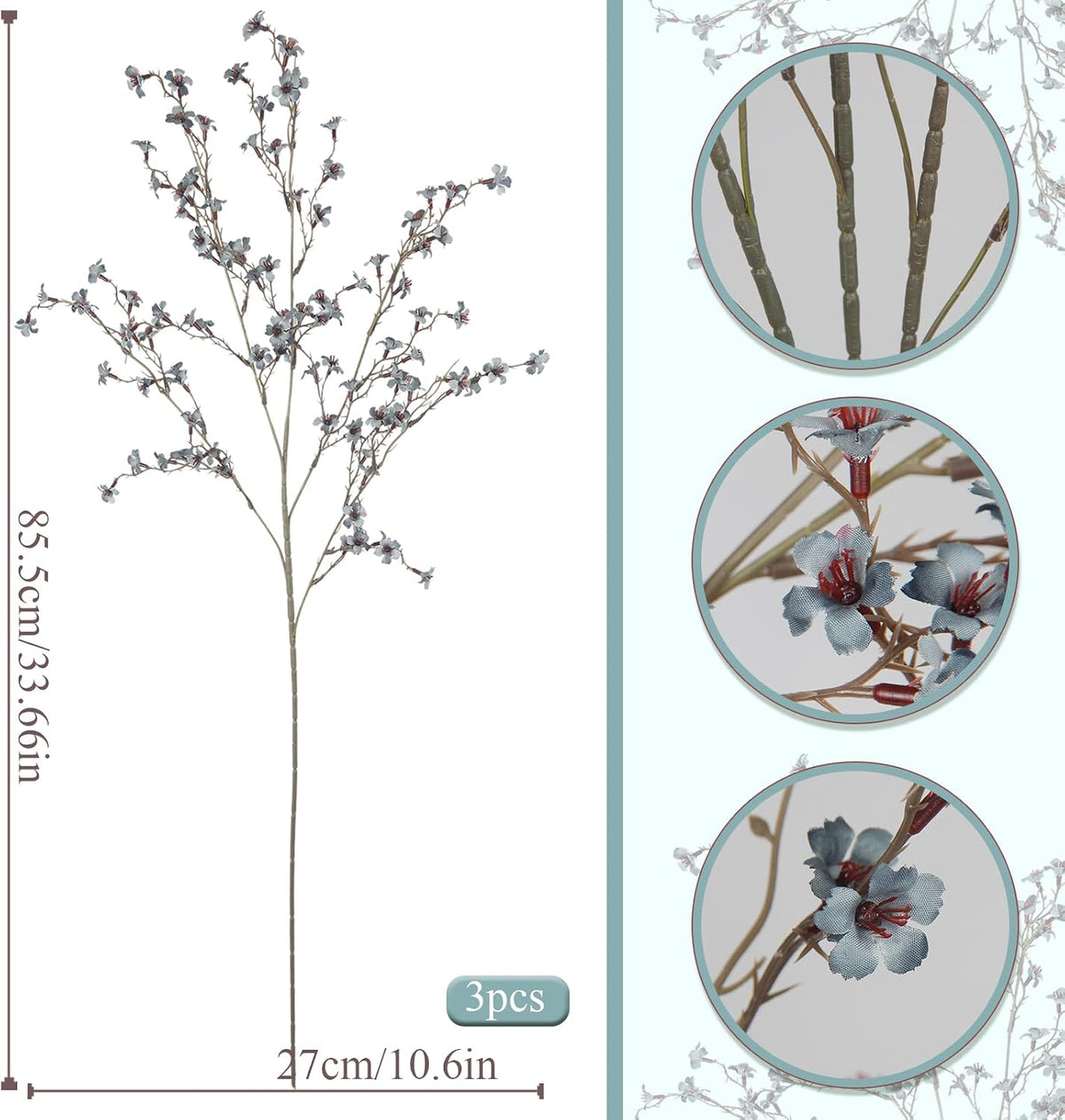 3 Pcs Cherry Blossom Branches Artificial Flowers for Spring Summer Indoor Decoration Faux Cherry Blossom Long Stems Creamy White Silk Fake Flowers for Tall Vase Arrangements Home Wedding Table