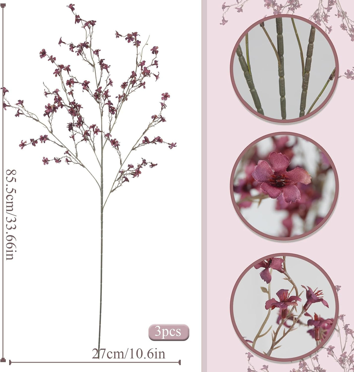 3 Pcs Cherry Blossom Branches Artificial Flowers for Spring Summer Indoor Decoration Faux Cherry Blossom Long Stems Creamy White Silk Fake Flowers for Tall Vase Arrangements Home Wedding Table