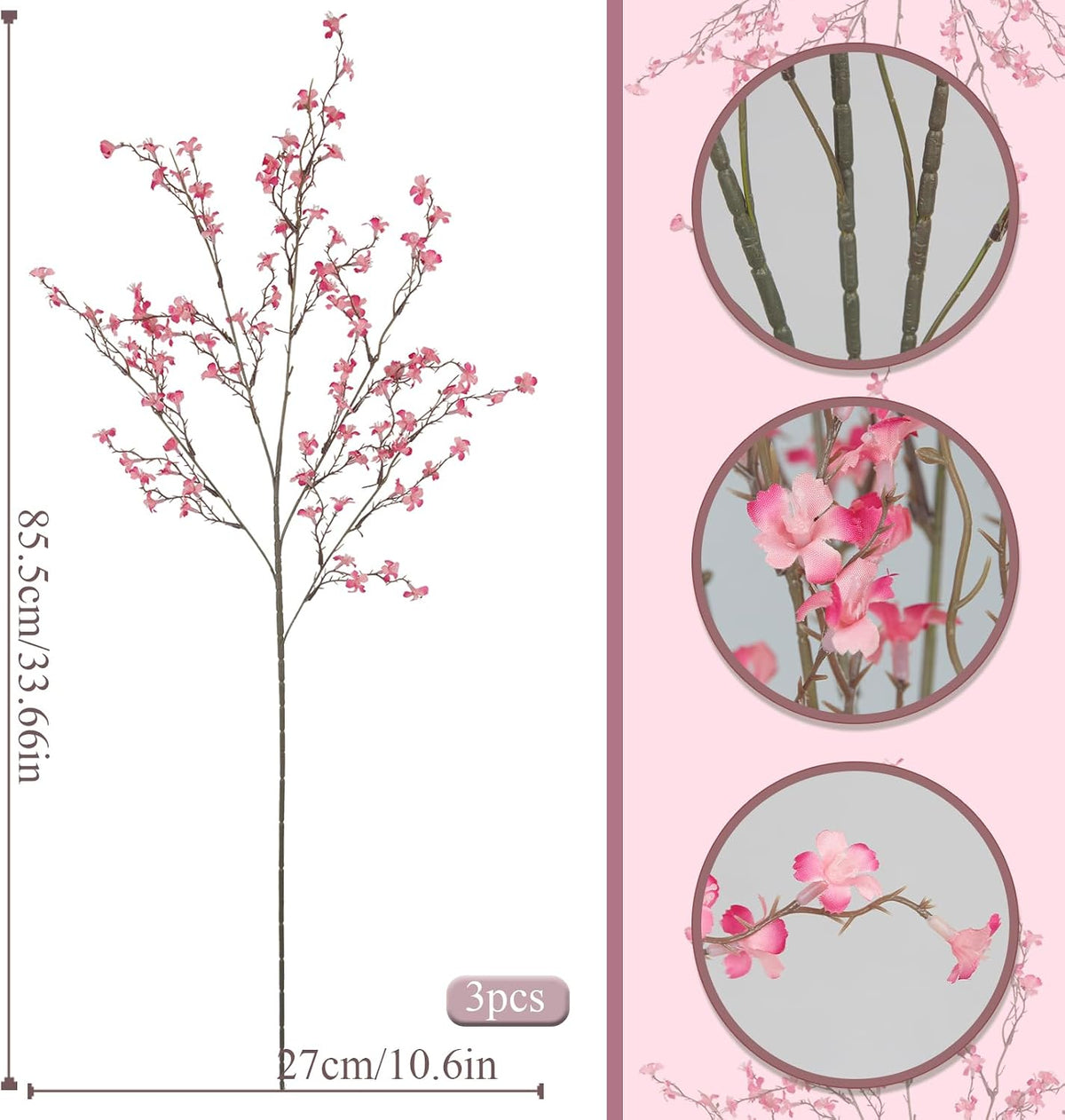 3 Pcs Cherry Blossom Branches Artificial Flowers for Spring Summer Indoor Decoration Faux Cherry Blossom Long Stems Creamy White Silk Fake Flowers for Tall Vase Arrangements Home Wedding Table
