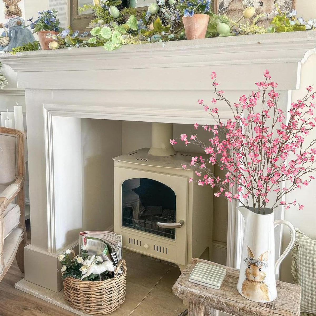 3 Pcs Cherry Blossom Branches Artificial Flowers for Spring Summer Indoor Decoration Faux Cherry Blossom Long Stems Creamy White Silk Fake Flowers for Tall Vase Arrangements Home Wedding Table