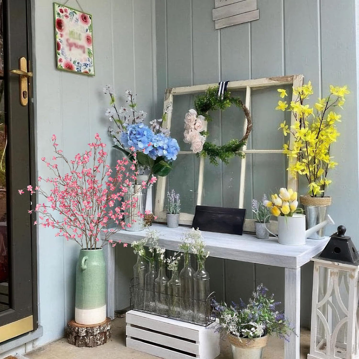 3 Pcs Cherry Blossom Branches Artificial Flowers for Spring Summer Indoor Decoration Faux Cherry Blossom Long Stems Creamy White Silk Fake Flowers for Tall Vase Arrangements Home Wedding Table