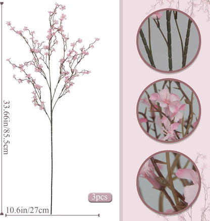 3 Pcs Cherry Blossom Branches Artificial Flowers for Spring Summer Indoor Decoration Faux Cherry Blossom Long Stems Creamy White Silk Fake Flowers for Tall Vase Arrangements Home Wedding Table