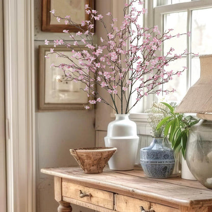 3 Pcs Cherry Blossom Branches Artificial Flowers for Spring Summer Indoor Decoration Faux Cherry Blossom Long Stems Creamy White Silk Fake Flowers for Tall Vase Arrangements Home Wedding Table