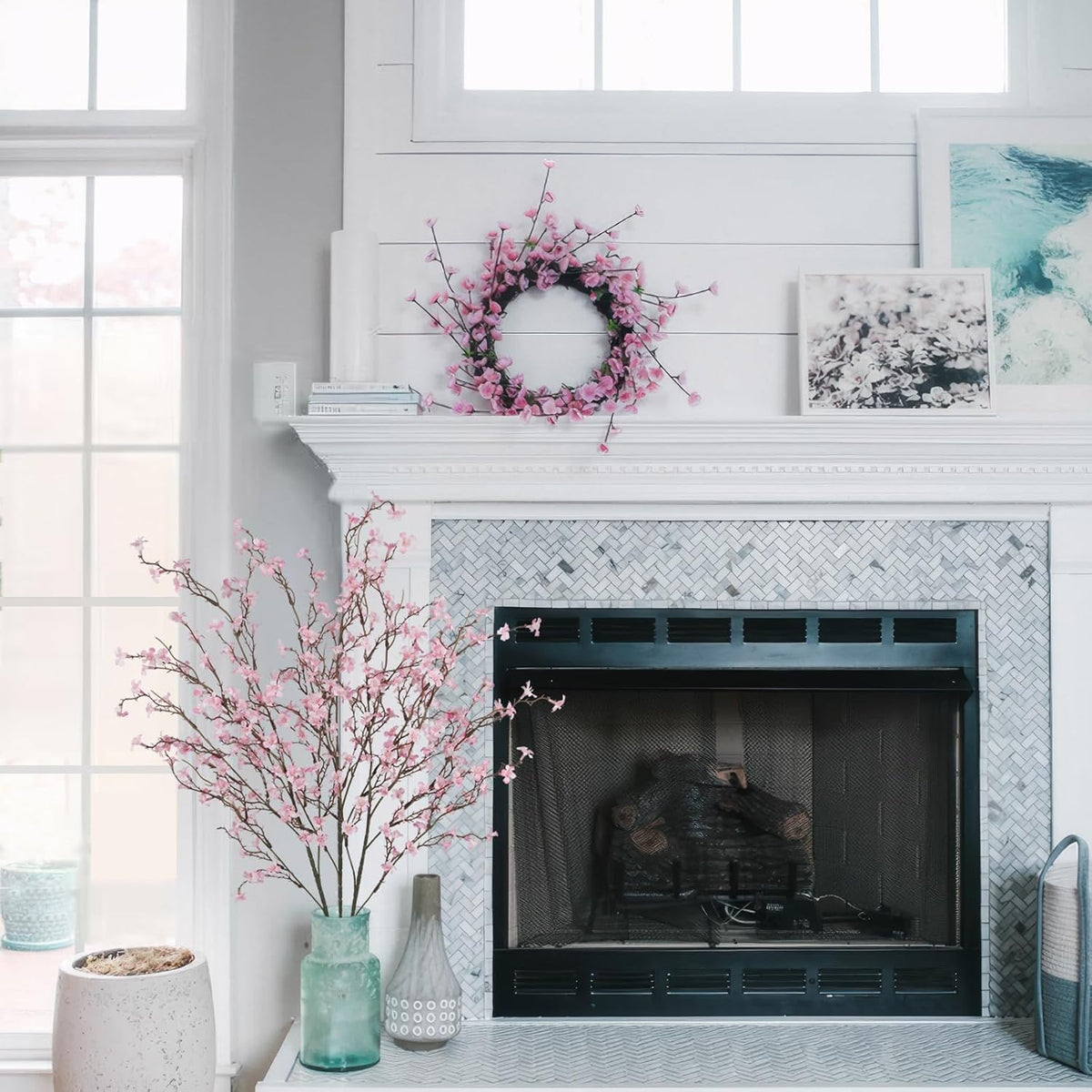 3 Pcs Cherry Blossom Branches Artificial Flowers for Spring Summer Indoor Decoration Faux Cherry Blossom Long Stems Creamy White Silk Fake Flowers for Tall Vase Arrangements Home Wedding Table