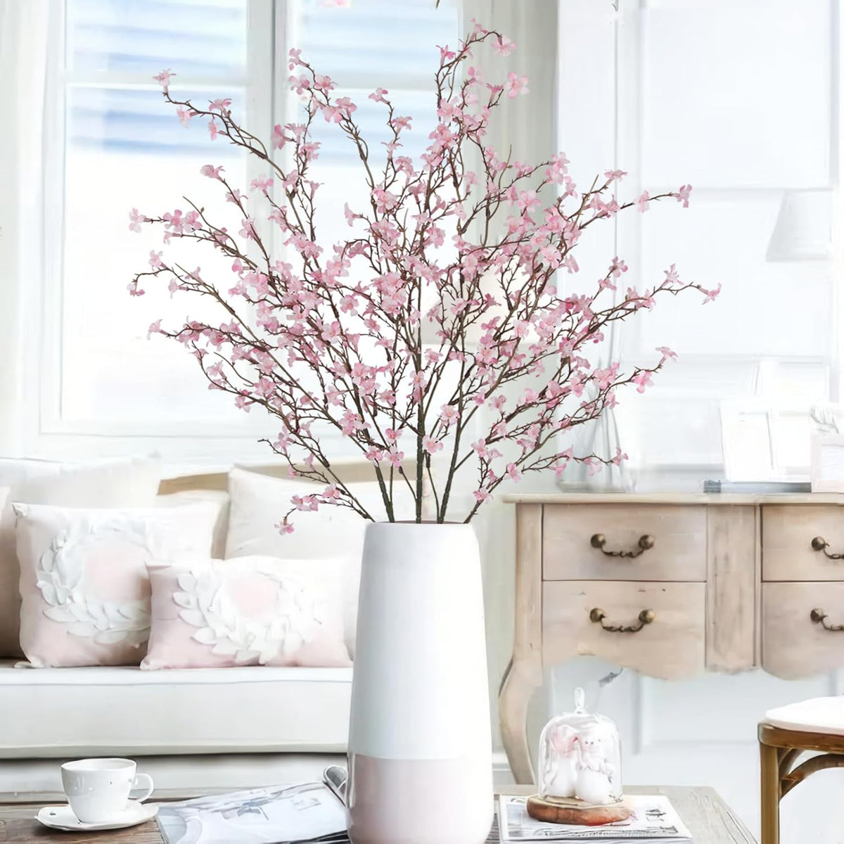 3 Pcs Cherry Blossom Branches Artificial Flowers for Spring Summer Indoor Decoration Faux Cherry Blossom Long Stems Creamy White Silk Fake Flowers for Tall Vase Arrangements Home Wedding Table