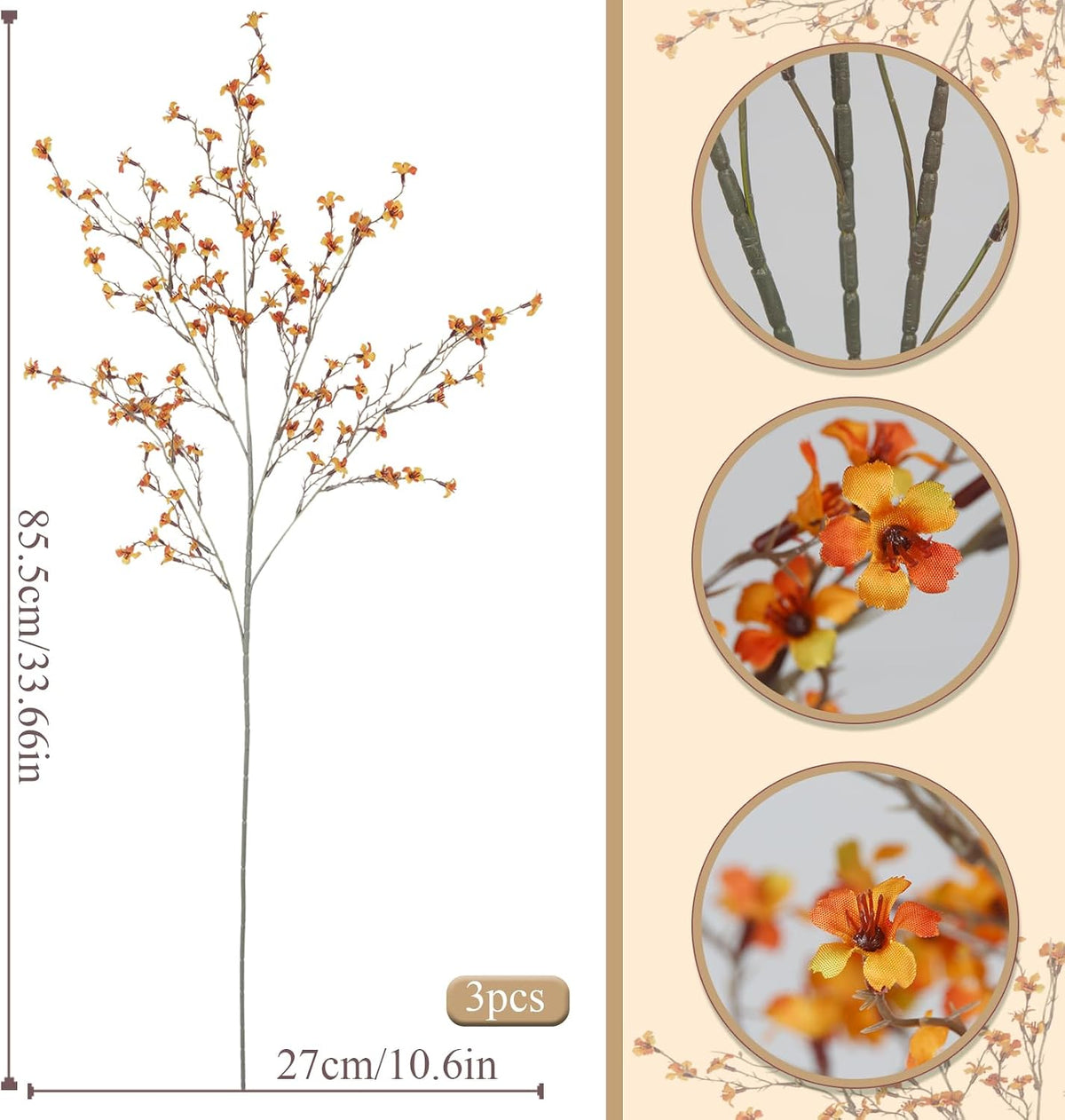 3 Pcs Cherry Blossom Branches Artificial Flowers for Spring Summer Indoor Decoration Faux Cherry Blossom Long Stems Creamy White Silk Fake Flowers for Tall Vase Arrangements Home Wedding Table