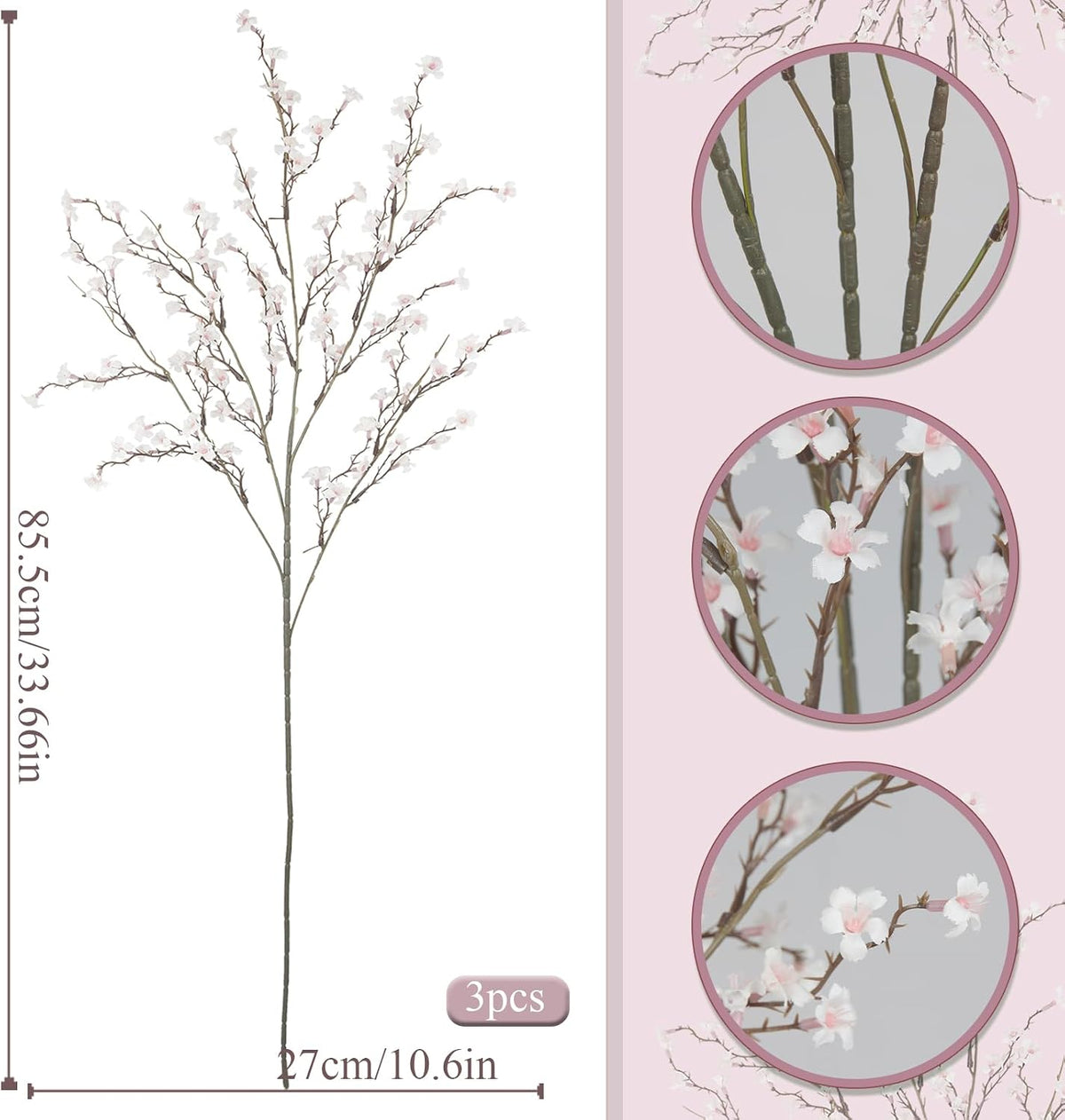3 Pcs Cherry Blossom Branches Artificial Flowers for Spring Summer Indoor Decoration Faux Cherry Blossom Long Stems Creamy White Silk Fake Flowers for Tall Vase Arrangements Home Wedding Table