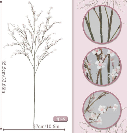3 Pcs Cherry Blossom Branches Artificial Flowers for Spring Summer Indoor Decoration Faux Cherry Blossom Long Stems Creamy White Silk Fake Flowers for Tall Vase Arrangements Home Wedding Table