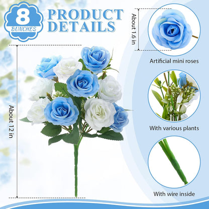 8 Pack Artificial Mini Purple and Lilac Roses 12 Inch Fake Flowers with Stems 80 Small 1.6 Inch Flower Heads Silk Mini Rose Bouquets for Wedding Centerpieces, Bridal Bouquets, Home Party Decor
