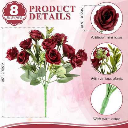 8 Pack Artificial Mini Purple and Lilac Roses 12 Inch Fake Flowers with Stems 80 Small 1.6 Inch Flower Heads Silk Mini Rose Bouquets for Wedding Centerpieces, Bridal Bouquets, Home Party Decor