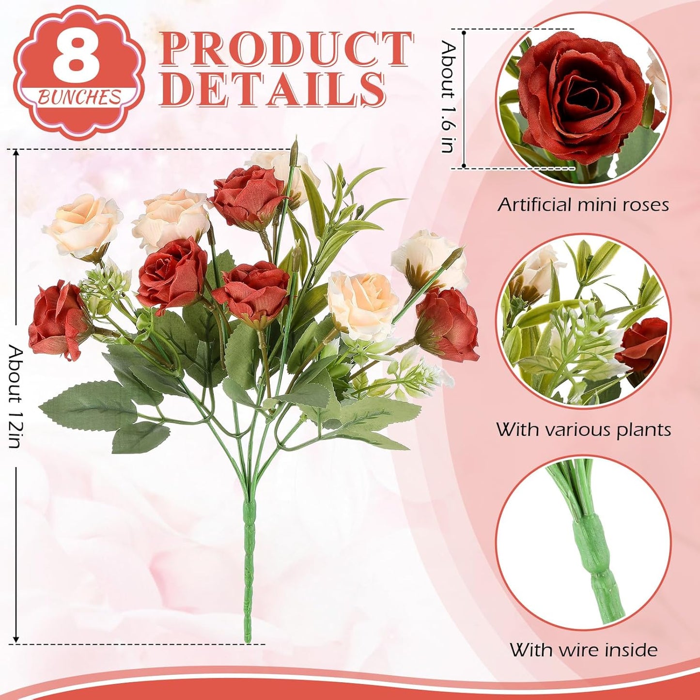 8 Pack Artificial Mini Purple and Lilac Roses 12 Inch Fake Flowers with Stems 80 Small 1.6 Inch Flower Heads Silk Mini Rose Bouquets for Wedding Centerpieces, Bridal Bouquets, Home Party Decor