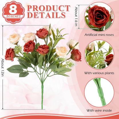 8 Pack Artificial Mini Purple and Lilac Roses 12 Inch Fake Flowers with Stems 80 Small 1.6 Inch Flower Heads Silk Mini Rose Bouquets for Wedding Centerpieces, Bridal Bouquets, Home Party Decor