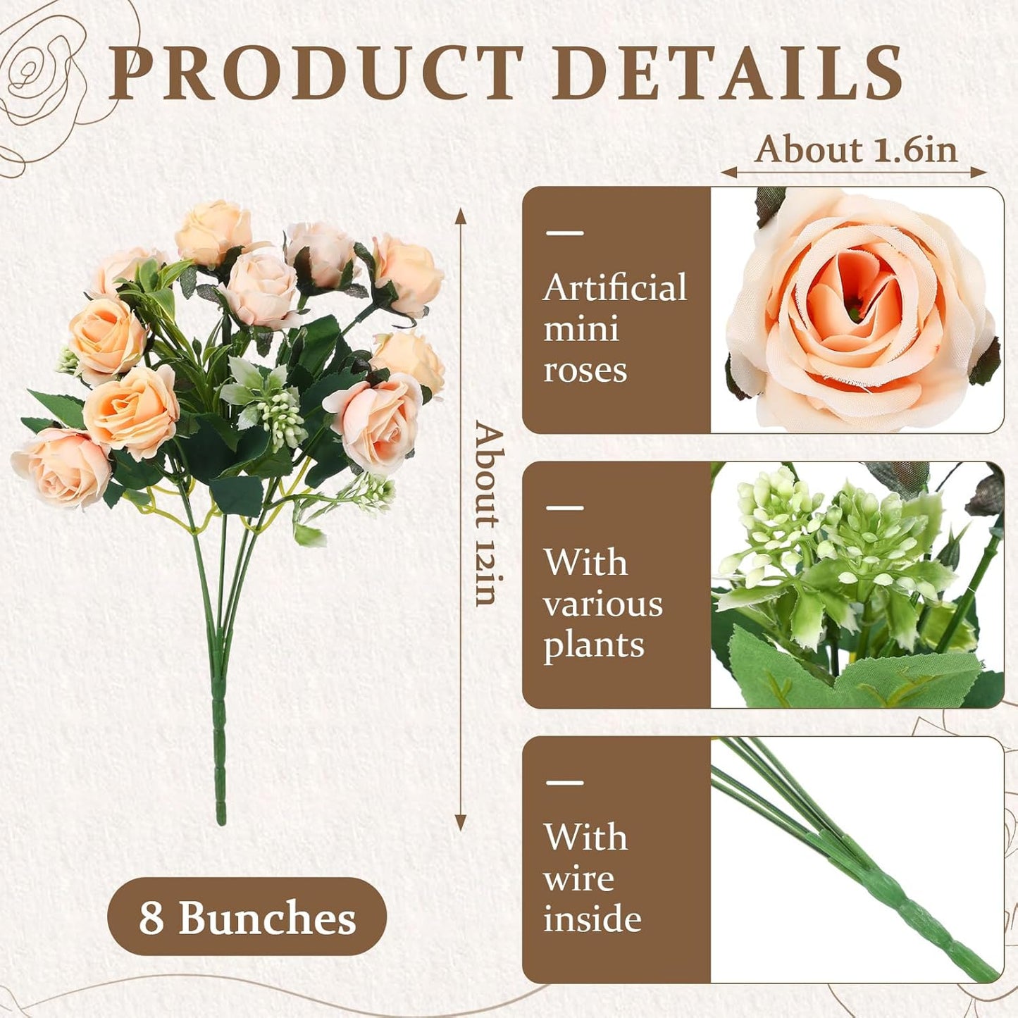 8 Pack Artificial Mini Purple and Lilac Roses 12 Inch Fake Flowers with Stems 80 Small 1.6 Inch Flower Heads Silk Mini Rose Bouquets for Wedding Centerpieces, Bridal Bouquets, Home Party Decor