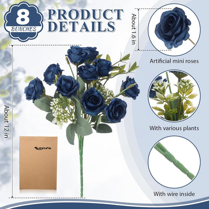8 Pack Artificial Mini Purple and Lilac Roses 12 Inch Fake Flowers with Stems 80 Small 1.6 Inch Flower Heads Silk Mini Rose Bouquets for Wedding Centerpieces, Bridal Bouquets, Home Party Decor