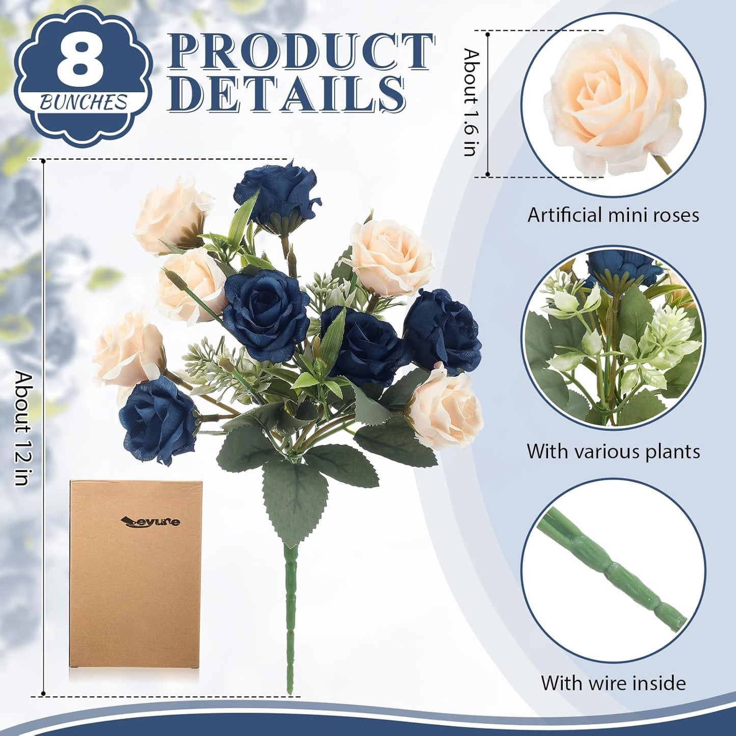 8 Pack Artificial Mini Purple and Lilac Roses 12 Inch Fake Flowers with Stems 80 Small 1.6 Inch Flower Heads Silk Mini Rose Bouquets for Wedding Centerpieces, Bridal Bouquets, Home Party Decor