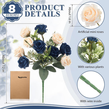 8 Pack Artificial Mini Purple and Lilac Roses 12 Inch Fake Flowers with Stems 80 Small 1.6 Inch Flower Heads Silk Mini Rose Bouquets for Wedding Centerpieces, Bridal Bouquets, Home Party Decor