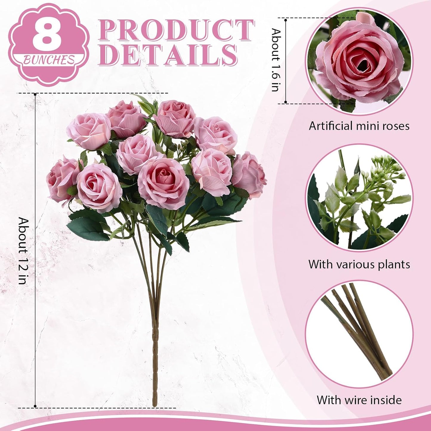 8 Pack Artificial Mini Purple and Lilac Roses 12 Inch Fake Flowers with Stems 80 Small 1.6 Inch Flower Heads Silk Mini Rose Bouquets for Wedding Centerpieces, Bridal Bouquets, Home Party Decor