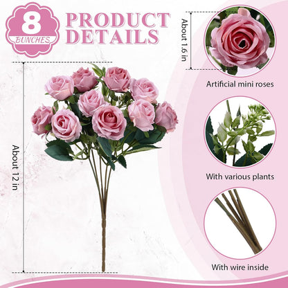 8 Pack Artificial Mini Purple and Lilac Roses 12 Inch Fake Flowers with Stems 80 Small 1.6 Inch Flower Heads Silk Mini Rose Bouquets for Wedding Centerpieces, Bridal Bouquets, Home Party Decor