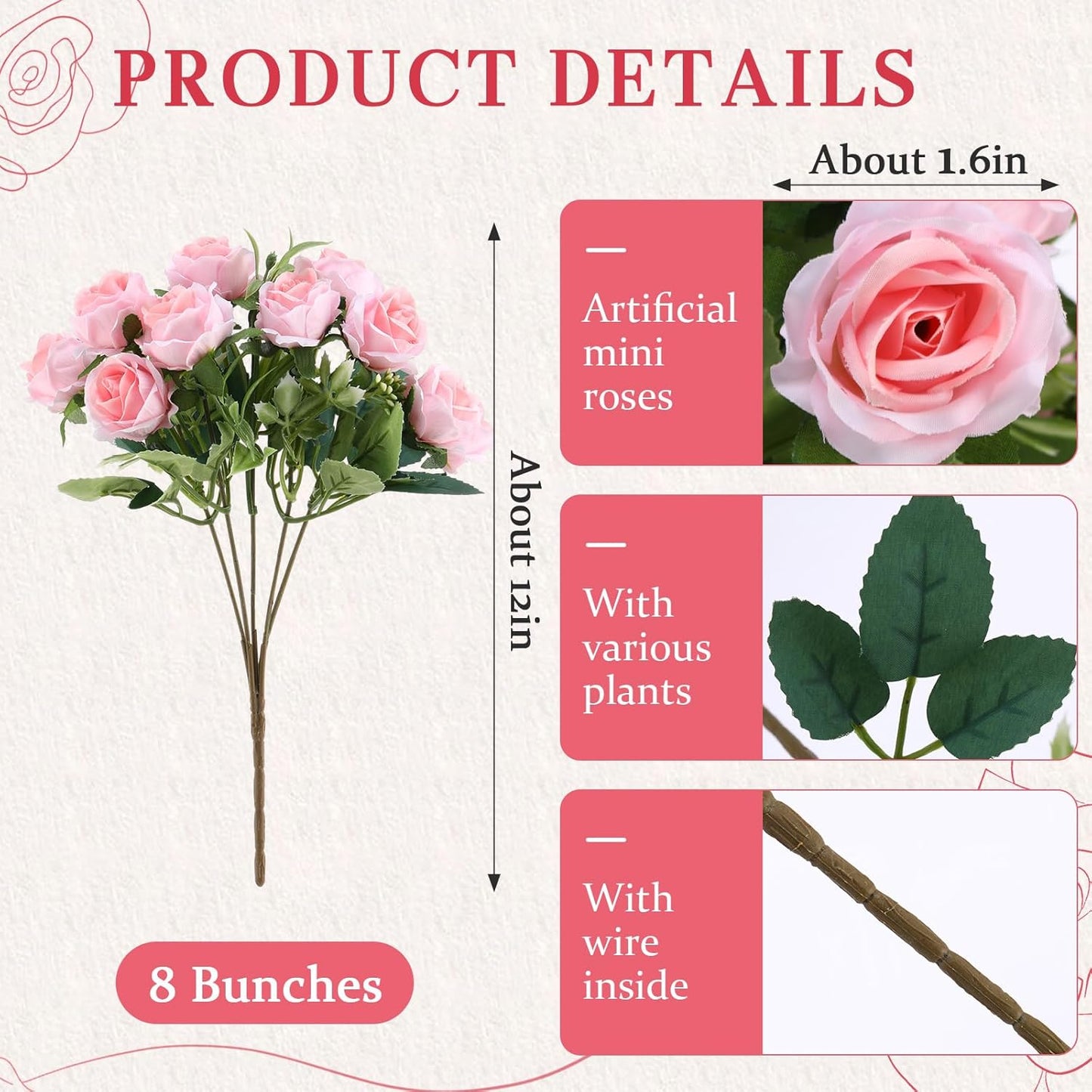 8 Pack Artificial Mini Purple and Lilac Roses 12 Inch Fake Flowers with Stems 80 Small 1.6 Inch Flower Heads Silk Mini Rose Bouquets for Wedding Centerpieces, Bridal Bouquets, Home Party Decor