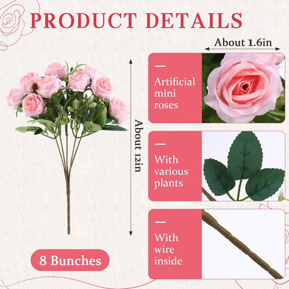 8 Pack Artificial Mini Purple and Lilac Roses 12 Inch Fake Flowers with Stems 80 Small 1.6 Inch Flower Heads Silk Mini Rose Bouquets for Wedding Centerpieces, Bridal Bouquets, Home Party Decor