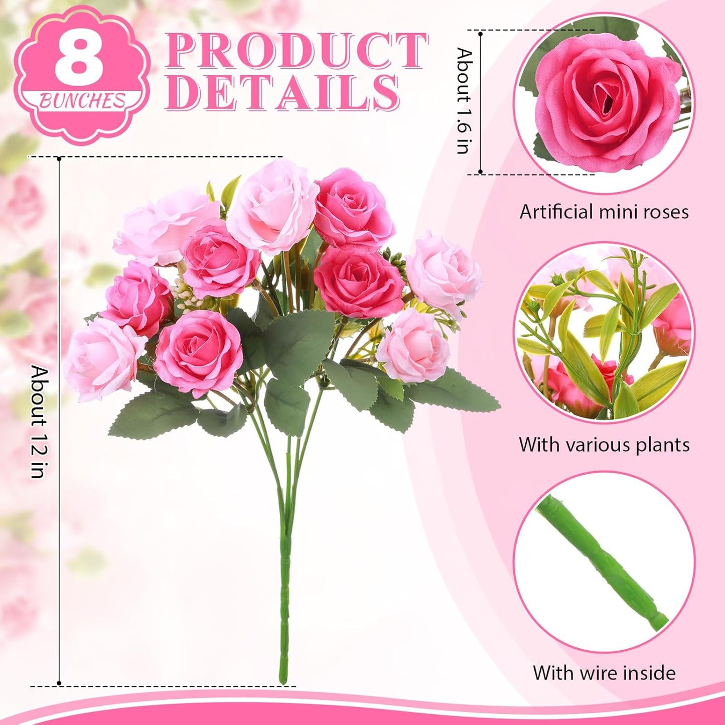8 Pack Artificial Mini Purple and Lilac Roses 12 Inch Fake Flowers with Stems 80 Small 1.6 Inch Flower Heads Silk Mini Rose Bouquets for Wedding Centerpieces, Bridal Bouquets, Home Party Decor