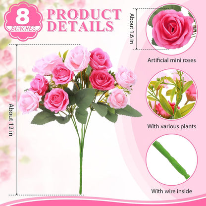 8 Pack Artificial Mini Purple and Lilac Roses 12 Inch Fake Flowers with Stems 80 Small 1.6 Inch Flower Heads Silk Mini Rose Bouquets for Wedding Centerpieces, Bridal Bouquets, Home Party Decor