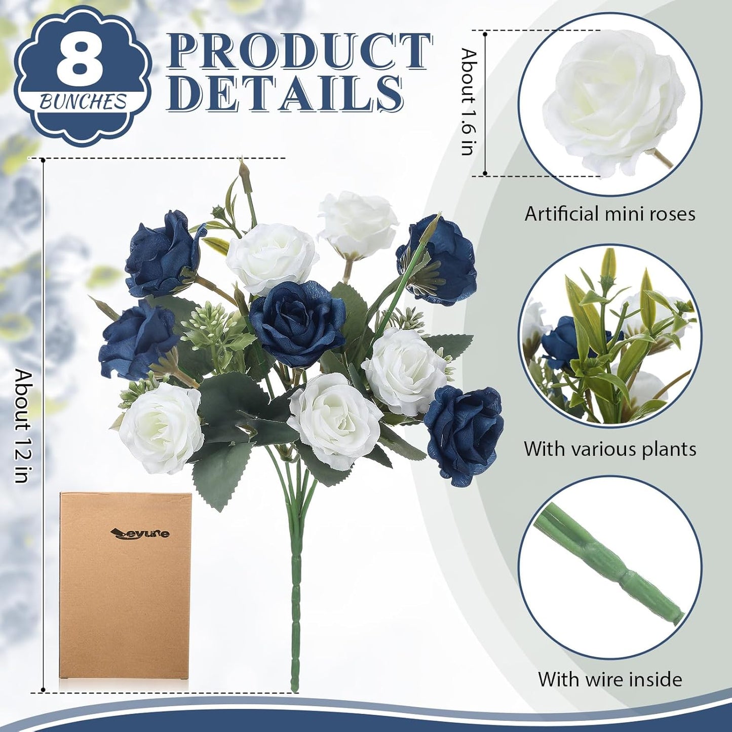 8 Pack Artificial Mini Purple and Lilac Roses 12 Inch Fake Flowers with Stems 80 Small 1.6 Inch Flower Heads Silk Mini Rose Bouquets for Wedding Centerpieces, Bridal Bouquets, Home Party Decor