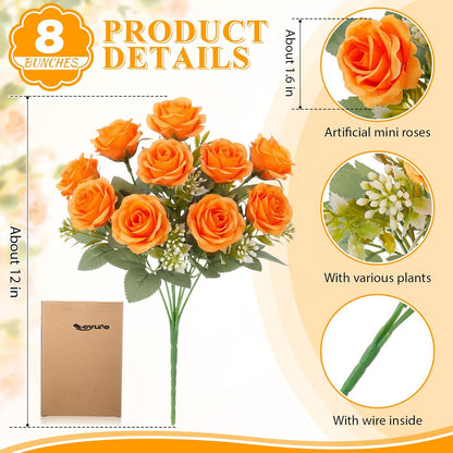 8 Pack Artificial Mini Purple and Lilac Roses 12 Inch Fake Flowers with Stems 80 Small 1.6 Inch Flower Heads Silk Mini Rose Bouquets for Wedding Centerpieces, Bridal Bouquets, Home Party Decor
