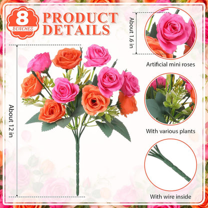 8 Pack Artificial Mini Purple and Lilac Roses 12 Inch Fake Flowers with Stems 80 Small 1.6 Inch Flower Heads Silk Mini Rose Bouquets for Wedding Centerpieces, Bridal Bouquets, Home Party Decor