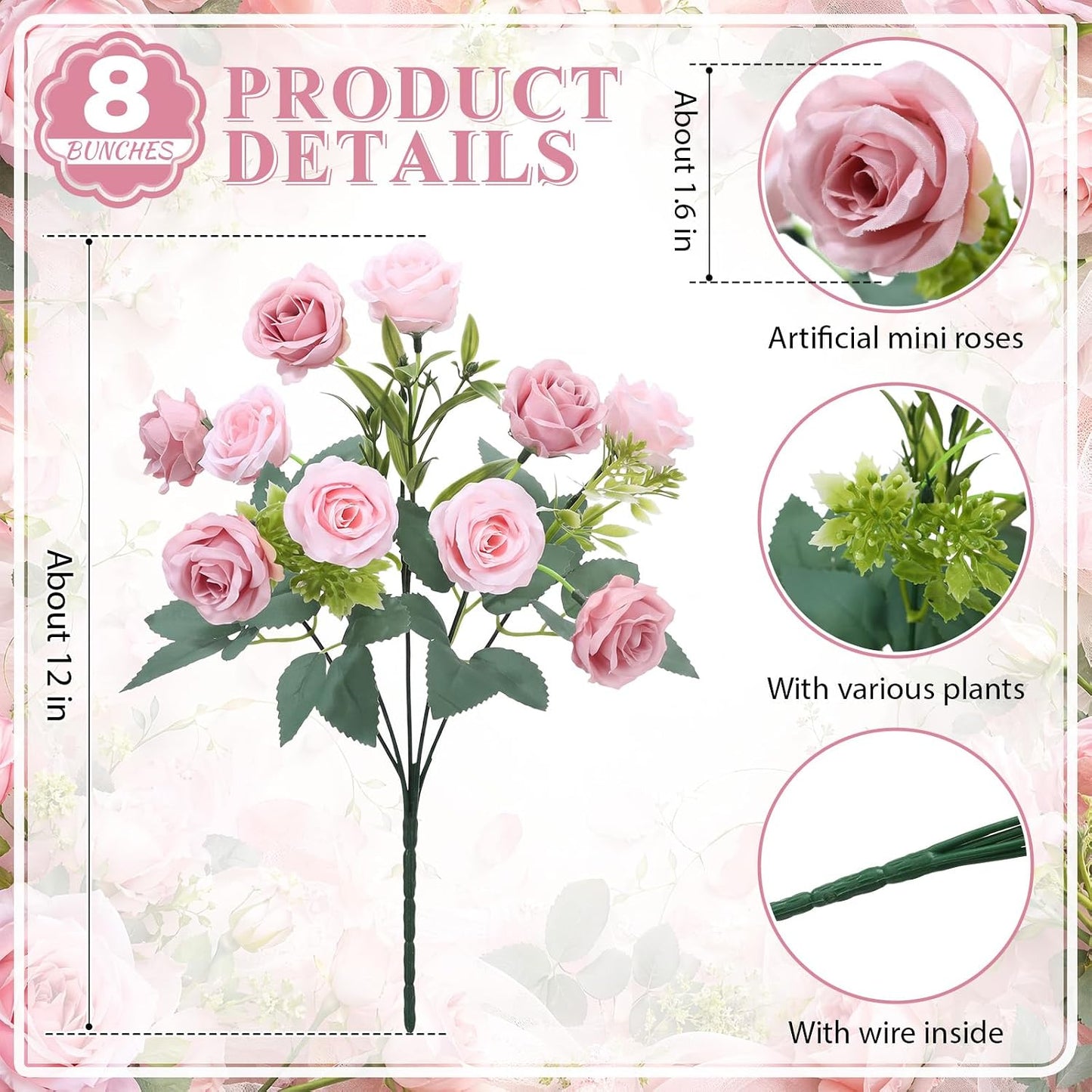8 Pack Artificial Mini Purple and Lilac Roses 12 Inch Fake Flowers with Stems 80 Small 1.6 Inch Flower Heads Silk Mini Rose Bouquets for Wedding Centerpieces, Bridal Bouquets, Home Party Decor
