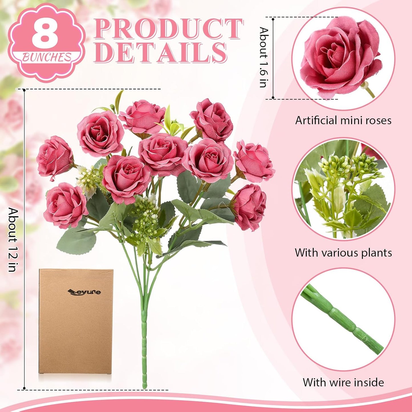 8 Pack Artificial Mini Purple and Lilac Roses 12 Inch Fake Flowers with Stems 80 Small 1.6 Inch Flower Heads Silk Mini Rose Bouquets for Wedding Centerpieces, Bridal Bouquets, Home Party Decor