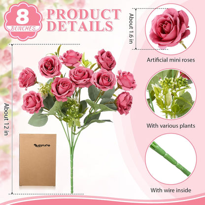 8 Pack Artificial Mini Purple and Lilac Roses 12 Inch Fake Flowers with Stems 80 Small 1.6 Inch Flower Heads Silk Mini Rose Bouquets for Wedding Centerpieces, Bridal Bouquets, Home Party Decor