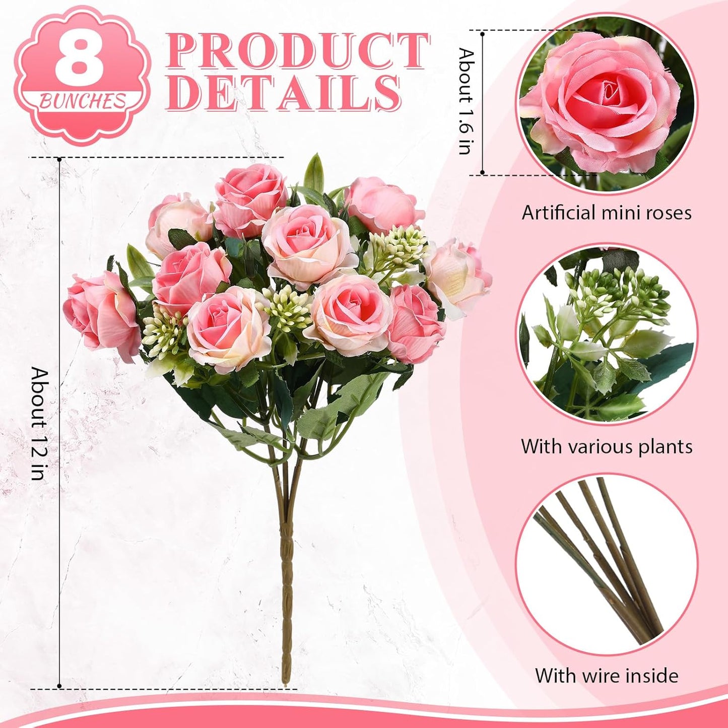 8 Pack Artificial Mini Purple and Lilac Roses 12 Inch Fake Flowers with Stems 80 Small 1.6 Inch Flower Heads Silk Mini Rose Bouquets for Wedding Centerpieces, Bridal Bouquets, Home Party Decor
