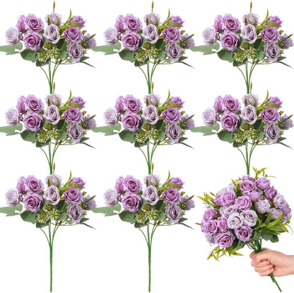 8 Pack Artificial Mini Purple and Lilac Roses 12 Inch Fake Flowers with Stems 80 Small 1.6 Inch Flower Heads Silk Mini Rose Bouquets for Wedding Centerpieces, Bridal Bouquets, Home Party Decor