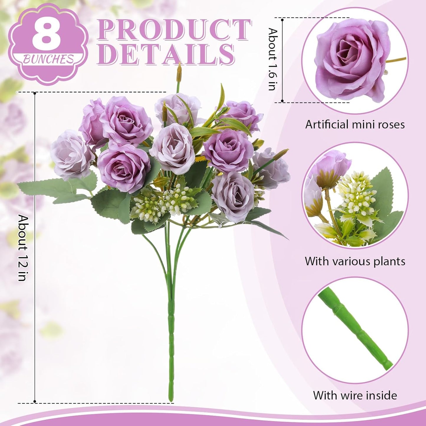 8 Pack Artificial Mini Purple and Lilac Roses 12 Inch Fake Flowers with Stems 80 Small 1.6 Inch Flower Heads Silk Mini Rose Bouquets for Wedding Centerpieces, Bridal Bouquets, Home Party Decor