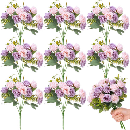8 Pack Artificial Mini Purple and Lilac Roses 12 Inch Fake Flowers with Stems 80 Small 1.6 Inch Flower Heads Silk Mini Rose Bouquets for Wedding Centerpieces, Bridal Bouquets, Home Party Decor