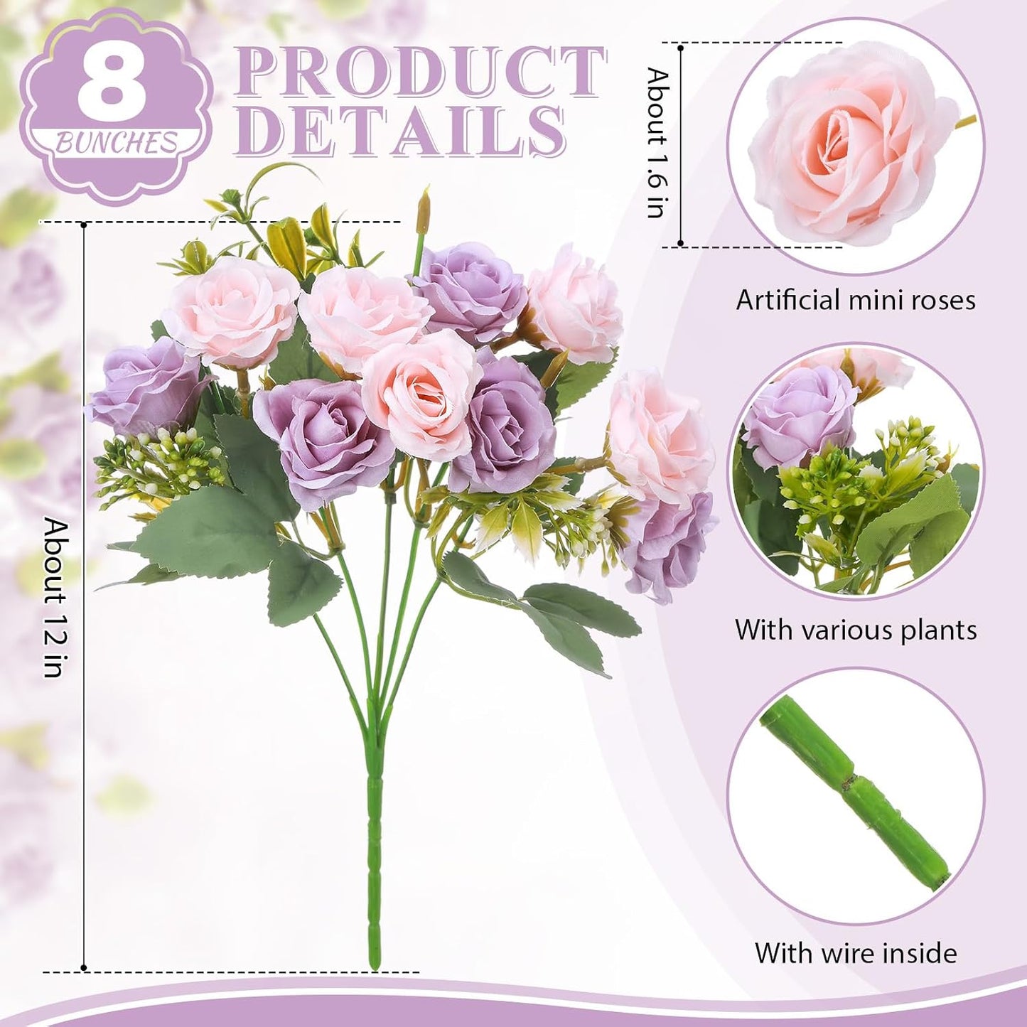 8 Pack Artificial Mini Purple and Lilac Roses 12 Inch Fake Flowers with Stems 80 Small 1.6 Inch Flower Heads Silk Mini Rose Bouquets for Wedding Centerpieces, Bridal Bouquets, Home Party Decor