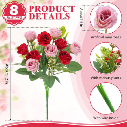 8 Pack Artificial Mini Purple and Lilac Roses 12 Inch Fake Flowers with Stems 80 Small 1.6 Inch Flower Heads Silk Mini Rose Bouquets for Wedding Centerpieces, Bridal Bouquets, Home Party Decor