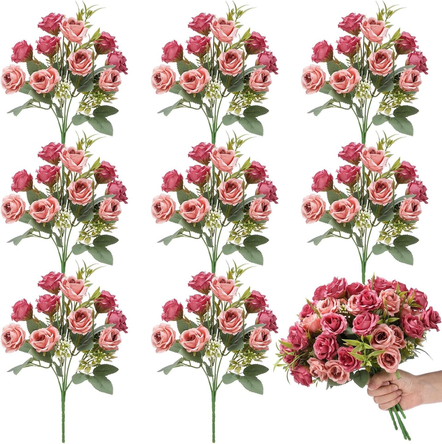 8 Pack Artificial Mini Purple and Lilac Roses 12 Inch Fake Flowers with Stems 80 Small 1.6 Inch Flower Heads Silk Mini Rose Bouquets for Wedding Centerpieces, Bridal Bouquets, Home Party Decor