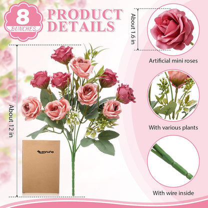 8 Pack Artificial Mini Purple and Lilac Roses 12 Inch Fake Flowers with Stems 80 Small 1.6 Inch Flower Heads Silk Mini Rose Bouquets for Wedding Centerpieces, Bridal Bouquets, Home Party Decor