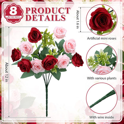 8 Pack Artificial Mini Purple and Lilac Roses 12 Inch Fake Flowers with Stems 80 Small 1.6 Inch Flower Heads Silk Mini Rose Bouquets for Wedding Centerpieces, Bridal Bouquets, Home Party Decor
