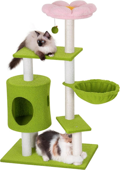Flower Cat Tree for Indoor Cats,41.2" Cute Cat Tree for Adult Cats | 2-Door Large Cat Condo Cave Bed,Cat Tower with Scratching Posts,Cozy Floral Perch and Hammock for Kittens,Green Pink