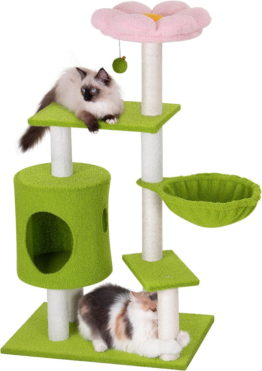 Flower Cat Tree for Indoor Cats,41.2" Cute Cat Tree for Adult Cats | 2-Door Large Cat Condo Cave Bed,Cat Tower with Scratching Posts,Cozy Floral Perch and Hammock for Kittens,Green Pink