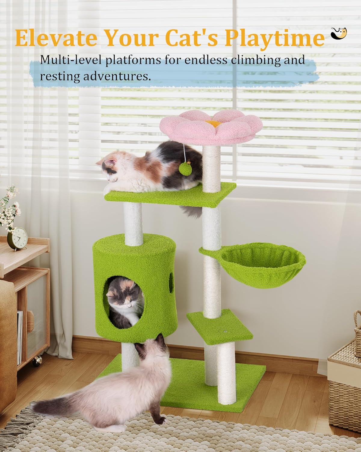 Flower Cat Tree for Indoor Cats,41.2" Cute Cat Tree for Adult Cats | 2-Door Large Cat Condo Cave Bed,Cat Tower with Scratching Posts,Cozy Floral Perch and Hammock for Kittens,Green Pink
