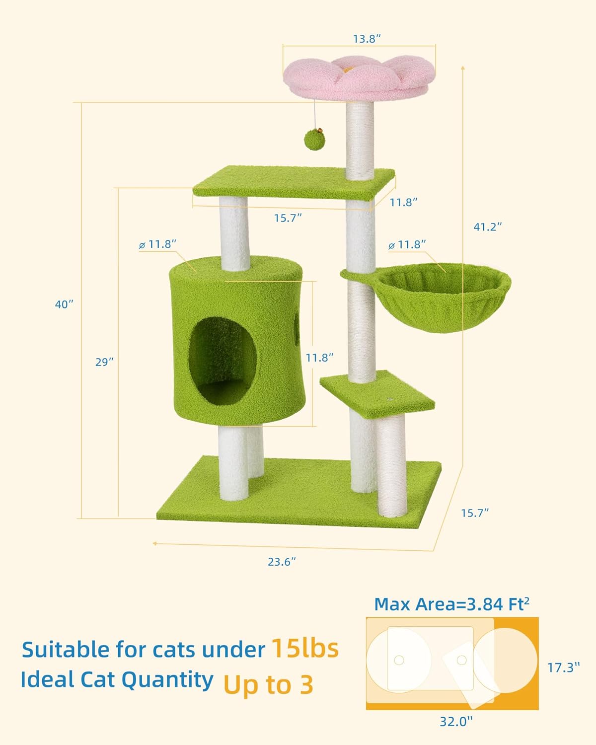 Flower Cat Tree for Indoor Cats,41.2" Cute Cat Tree for Adult Cats | 2-Door Large Cat Condo Cave Bed,Cat Tower with Scratching Posts,Cozy Floral Perch and Hammock for Kittens,Green Pink