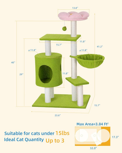 Flower Cat Tree for Indoor Cats,41.2" Cute Cat Tree for Adult Cats | 2-Door Large Cat Condo Cave Bed,Cat Tower with Scratching Posts,Cozy Floral Perch and Hammock for Kittens,Green Pink