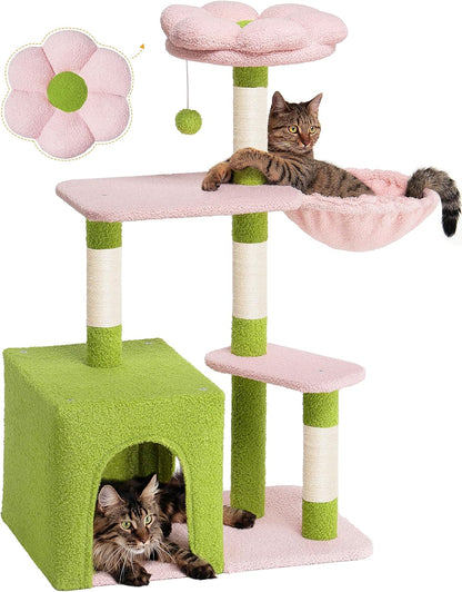 Flower Cat Tree for Indoor Cats,41.2" Cute Cat Tree for Adult Cats | 2-Door Large Cat Condo Cave Bed,Cat Tower with Scratching Posts,Cozy Floral Perch and Hammock for Kittens,Green Pink