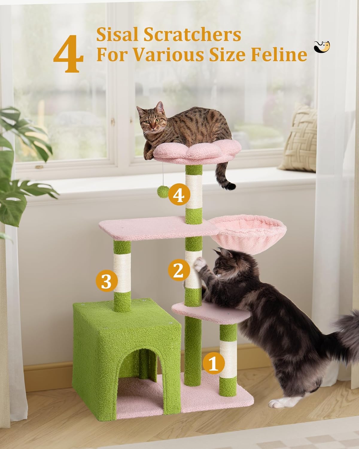 Flower Cat Tree for Indoor Cats,41.2" Cute Cat Tree for Adult Cats | 2-Door Large Cat Condo Cave Bed,Cat Tower with Scratching Posts,Cozy Floral Perch and Hammock for Kittens,Green Pink