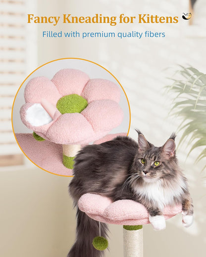 Flower Cat Tree for Indoor Cats,41.2" Cute Cat Tree for Adult Cats | 2-Door Large Cat Condo Cave Bed,Cat Tower with Scratching Posts,Cozy Floral Perch and Hammock for Kittens,Green Pink